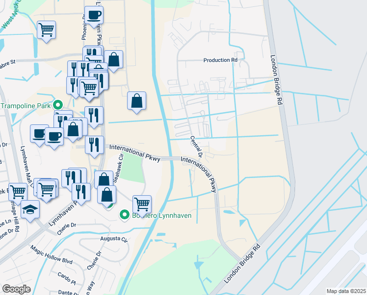 map of restaurants, bars, coffee shops, grocery stores, and more near 601 Central Drive in Virginia Beach