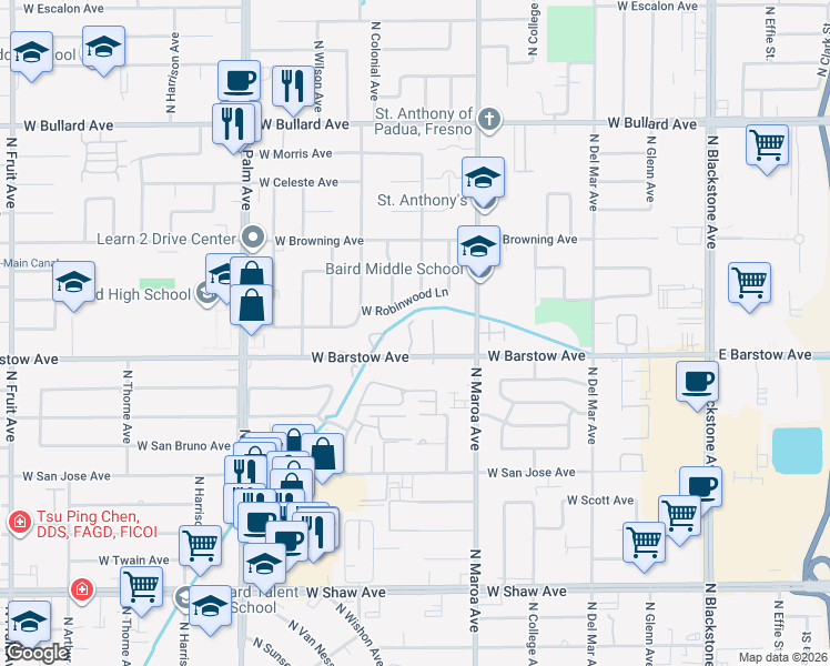 map of restaurants, bars, coffee shops, grocery stores, and more near 538 West Barstow Avenue in Fresno