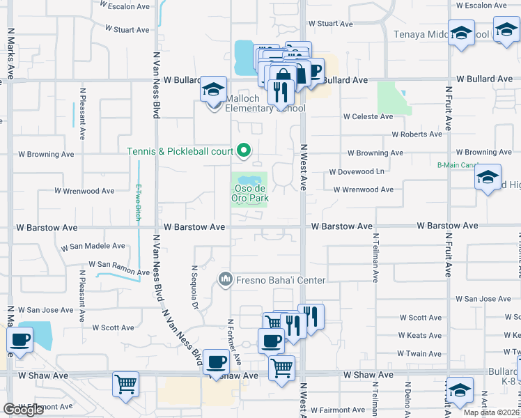 map of restaurants, bars, coffee shops, grocery stores, and more near 5420 North Forkner Avenue in Fresno
