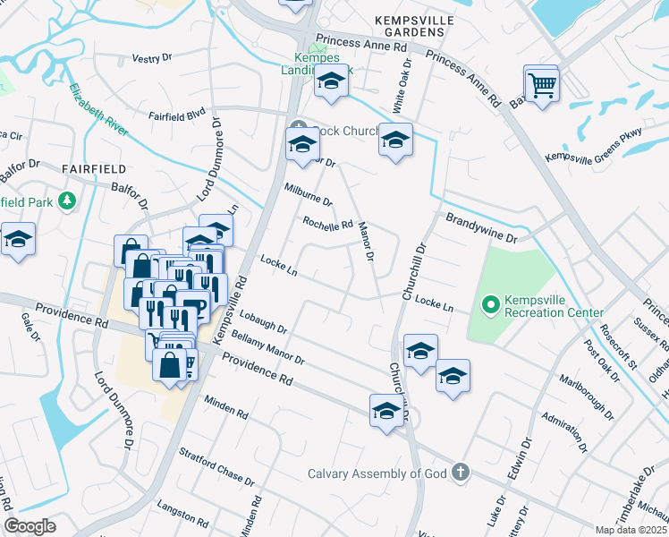 map of restaurants, bars, coffee shops, grocery stores, and more near 5108 Locke Lane in Virginia Beach