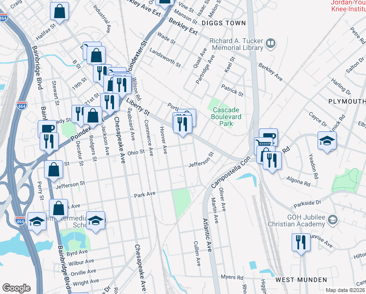 map of restaurants, bars, coffee shops, grocery stores, and more near 1216 Old Atlantic Avenue in Chesapeake