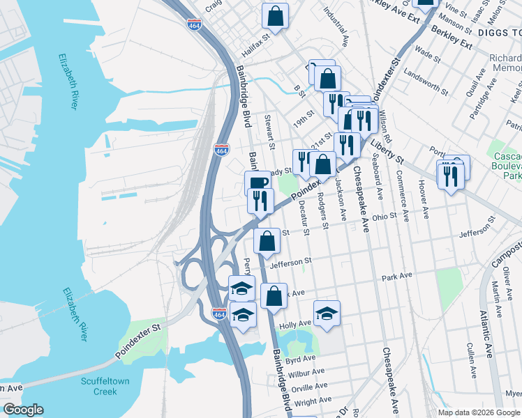 map of restaurants, bars, coffee shops, grocery stores, and more near 814 Poindexter Street in Chesapeake
