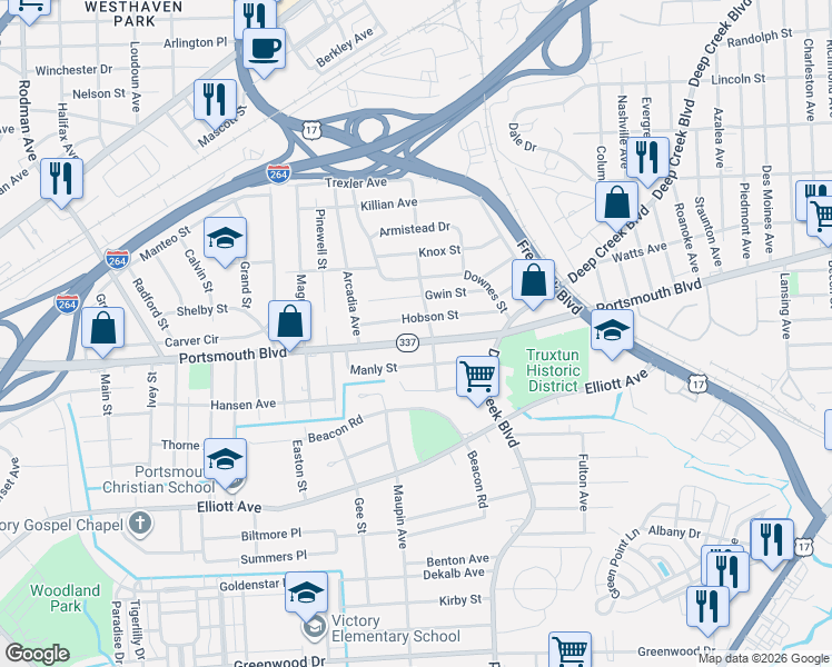 map of restaurants, bars, coffee shops, grocery stores, and more near 2611 Portsmouth Boulevard in Portsmouth
