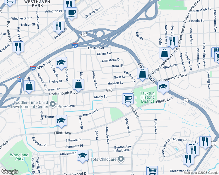 map of restaurants, bars, coffee shops, grocery stores, and more near 2611 Portsmouth Boulevard in Portsmouth