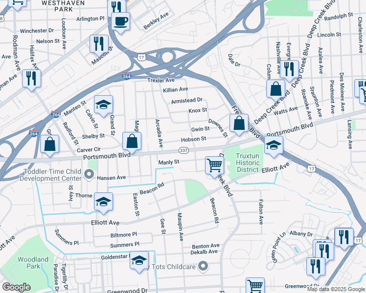 map of restaurants, bars, coffee shops, grocery stores, and more near 2611 Portsmouth Boulevard in Portsmouth
