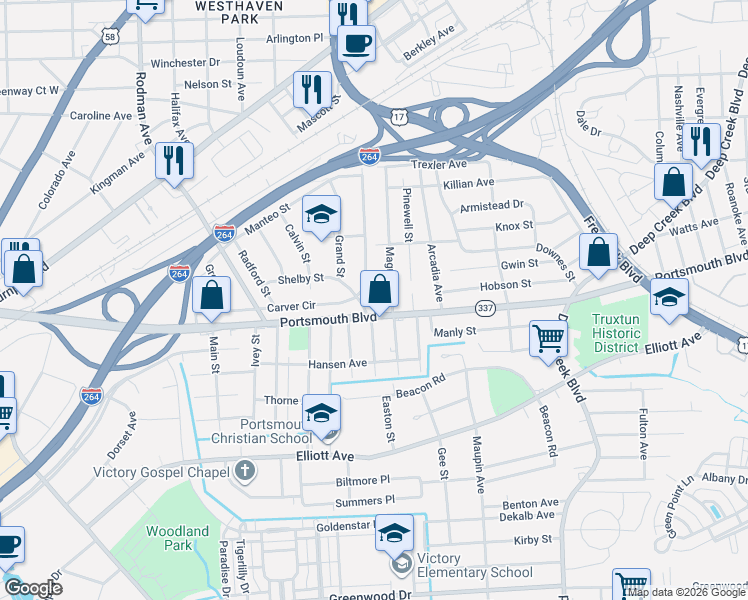 map of restaurants, bars, coffee shops, grocery stores, and more near 3000 Portsmouth Boulevard in Portsmouth