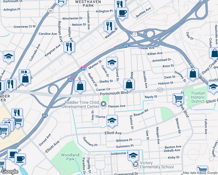 map of restaurants, bars, coffee shops, grocery stores, and more near 23 Carver Circle in Portsmouth