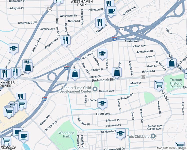 map of restaurants, bars, coffee shops, grocery stores, and more near 49 Carver Circle in Portsmouth
