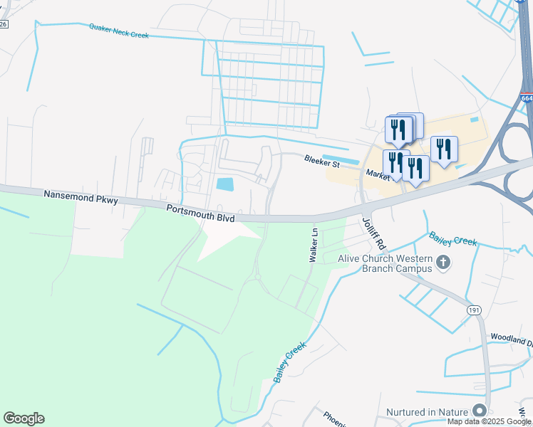 map of restaurants, bars, coffee shops, grocery stores, and more near 5000 Virginia 337 in Chesapeake