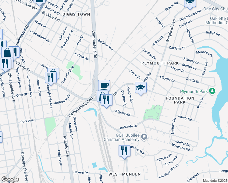 map of restaurants, bars, coffee shops, grocery stores, and more near 1115 Bethel Road in Chesapeake