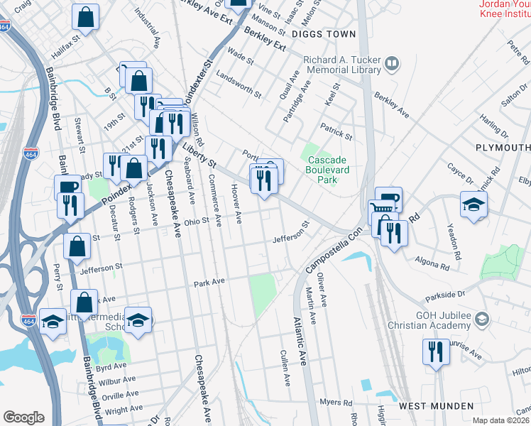 map of restaurants, bars, coffee shops, grocery stores, and more near 1216 Old Atlantic Avenue in Chesapeake