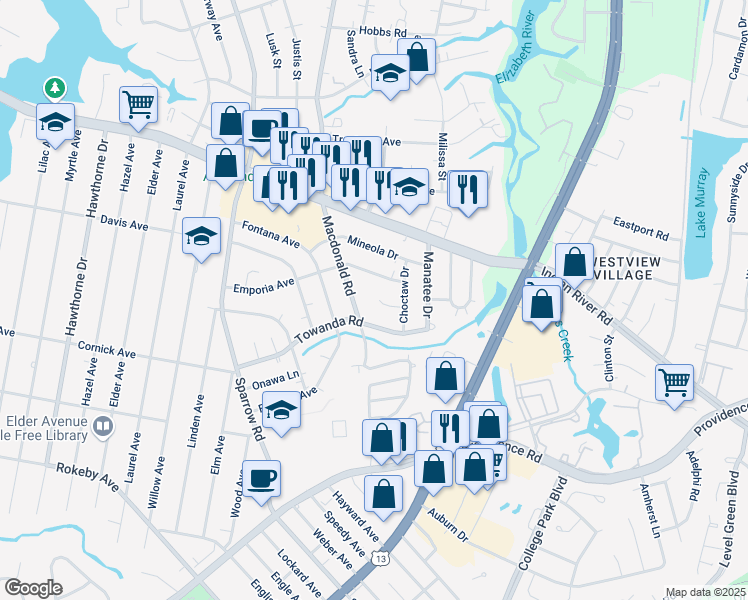 map of restaurants, bars, coffee shops, grocery stores, and more near 1005 Choctaw Court in Virginia Beach