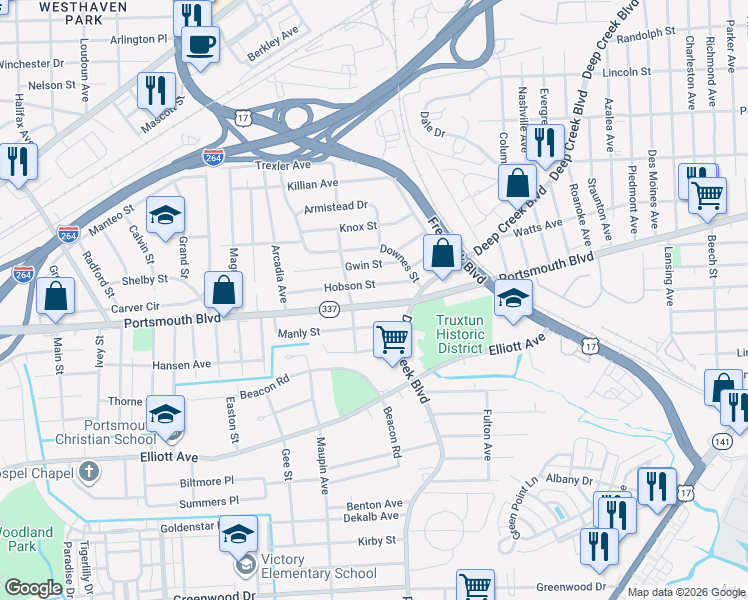 map of restaurants, bars, coffee shops, grocery stores, and more near 2507 Portsmouth Boulevard in Portsmouth