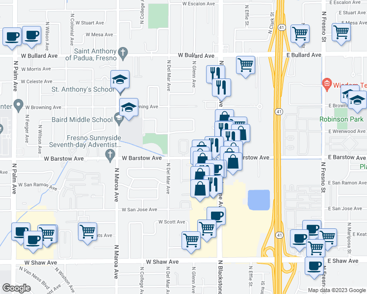 map of restaurants, bars, coffee shops, grocery stores, and more near 130 West Barstow Avenue in Fresno