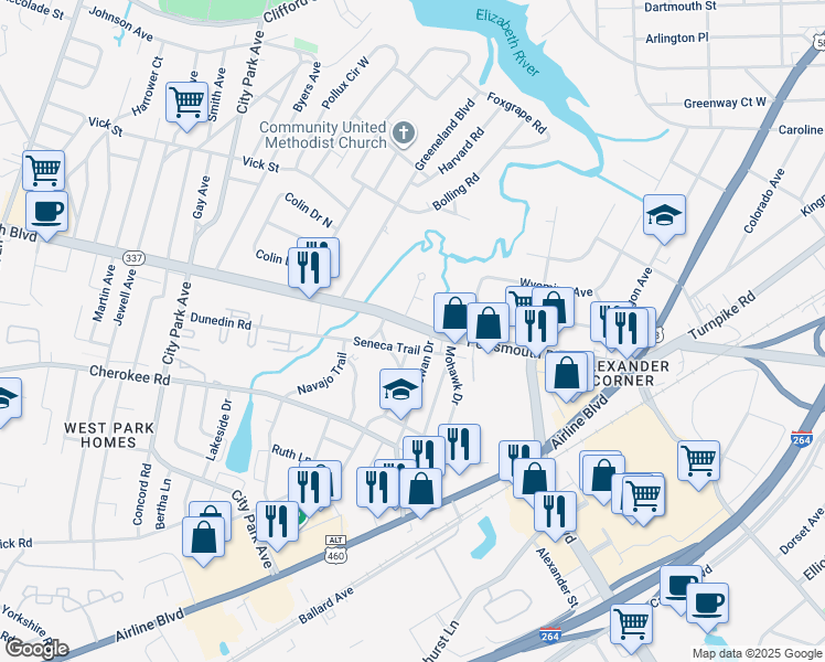 map of restaurants, bars, coffee shops, grocery stores, and more near 4507 Portsmouth Boulevard in Portsmouth