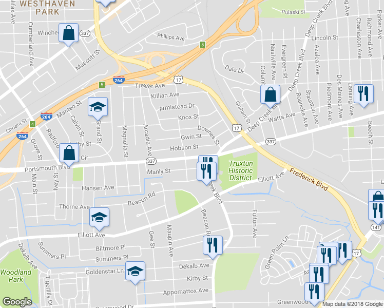 map of restaurants, bars, coffee shops, grocery stores, and more near 2514 Portsmouth Boulevard in Portsmouth