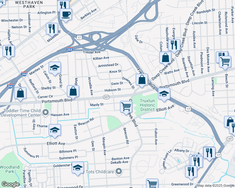 map of restaurants, bars, coffee shops, grocery stores, and more near 2514 Portsmouth Boulevard in Portsmouth