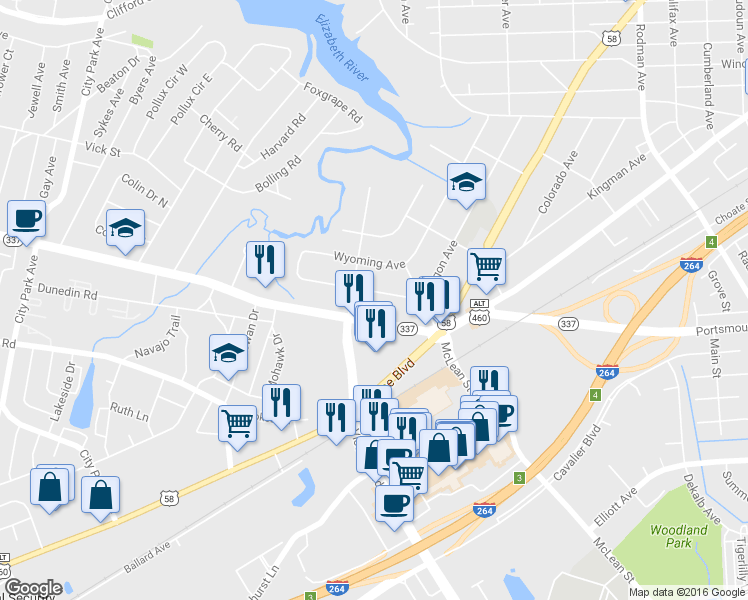 map of restaurants, bars, coffee shops, grocery stores, and more near 115 Oregon Avenue in Portsmouth