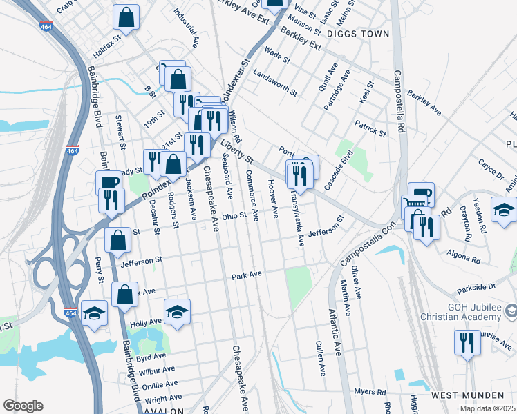 map of restaurants, bars, coffee shops, grocery stores, and more near 1171 Commerce Ave in Chesapeake
