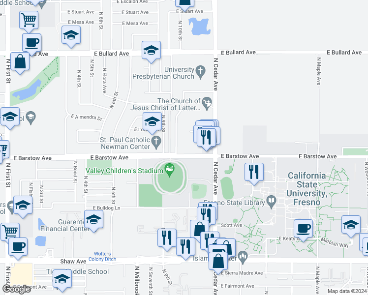 map of restaurants, bars, coffee shops, grocery stores, and more near 1680 East Barstow Avenue in Fresno