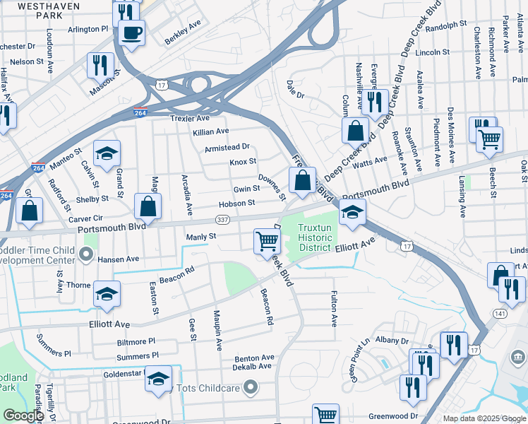 map of restaurants, bars, coffee shops, grocery stores, and more near 2418 Portsmouth Boulevard in Portsmouth