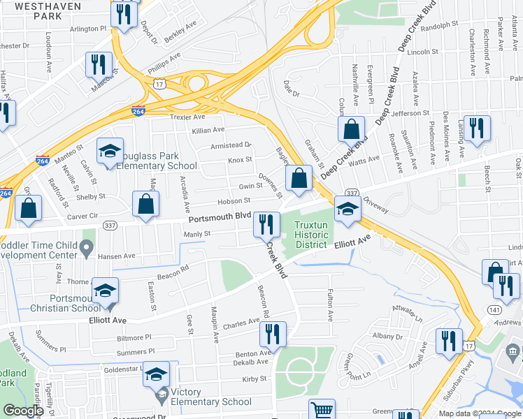 map of restaurants, bars, coffee shops, grocery stores, and more near 2418 Portsmouth Boulevard in Portsmouth