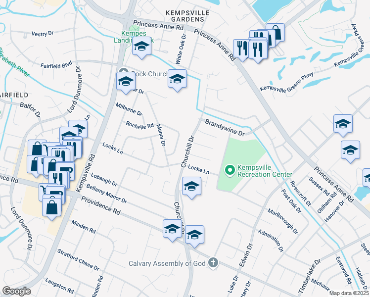map of restaurants, bars, coffee shops, grocery stores, and more near 737 Churchill Drive in Virginia Beach
