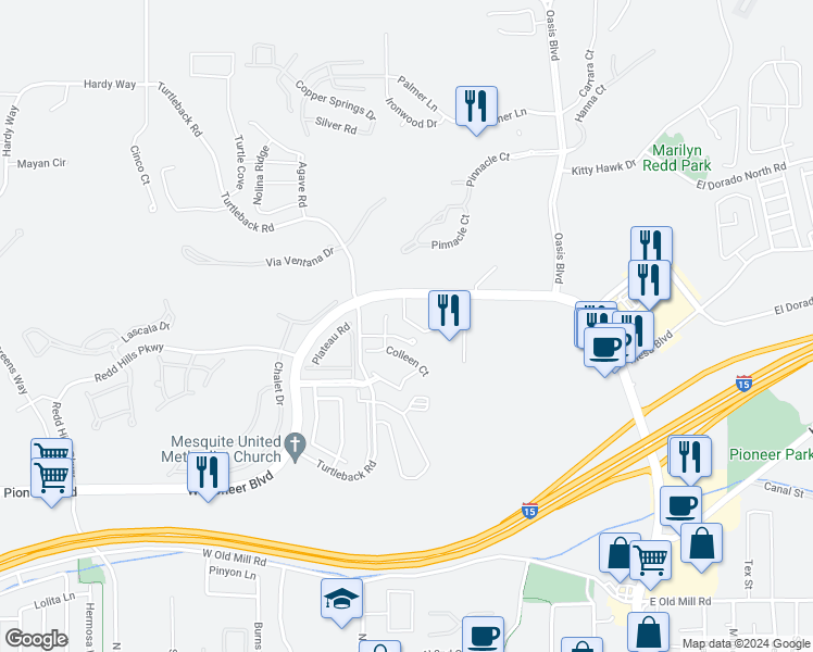 map of restaurants, bars, coffee shops, grocery stores, and more near 339 Colleen Court in Mesquite