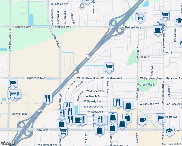 map of restaurants, bars, coffee shops, grocery stores, and more near in Clovis