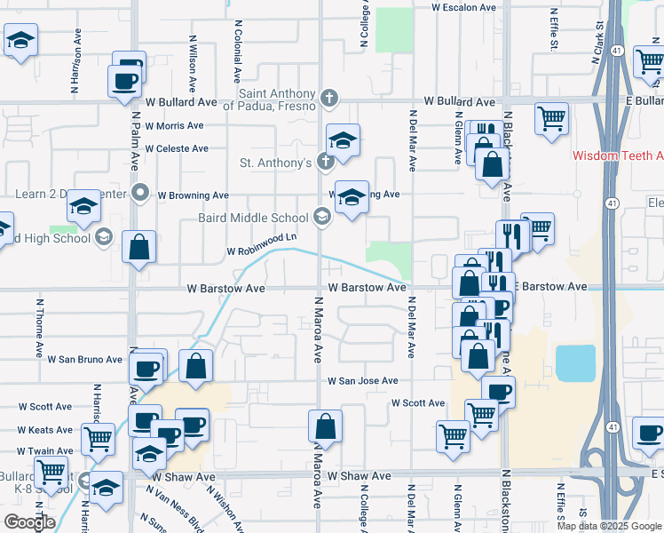 map of restaurants, bars, coffee shops, grocery stores, and more near 384 West Barstow Avenue in Fresno