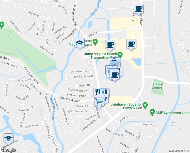 map of restaurants, bars, coffee shops, grocery stores, and more near 709 Carriage Hill Road in Virginia Beach