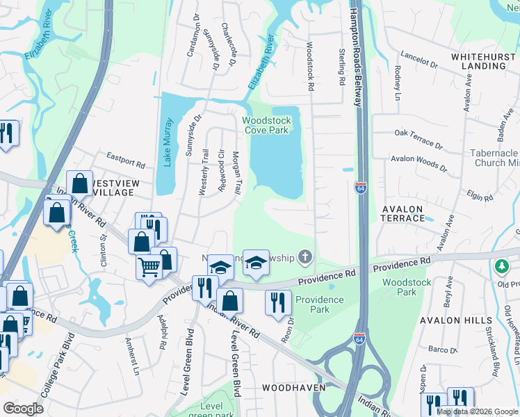 map of restaurants, bars, coffee shops, grocery stores, and more near 5940 Woodstock Court in Virginia Beach