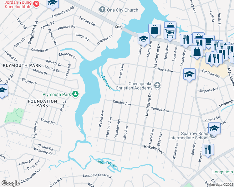 map of restaurants, bars, coffee shops, grocery stores, and more near 1317 Chestnut Avenue in Chesapeake