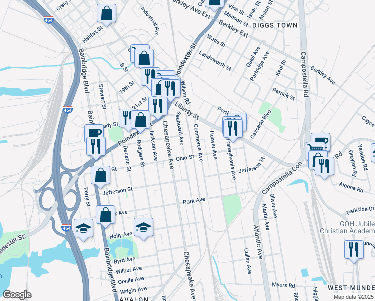 map of restaurants, bars, coffee shops, grocery stores, and more near 1201 Seaboard Avenue in Chesapeake