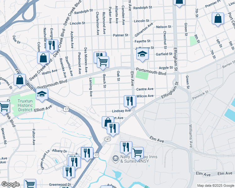 map of restaurants, bars, coffee shops, grocery stores, and more near 502 Oak Street in Portsmouth