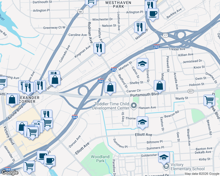 map of restaurants, bars, coffee shops, grocery stores, and more near 86 Carver Circle in Portsmouth