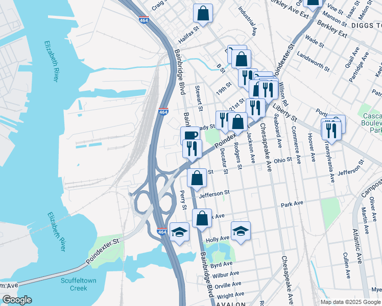 map of restaurants, bars, coffee shops, grocery stores, and more near 801 Poindexter Street in Chesapeake