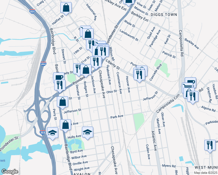 map of restaurants, bars, coffee shops, grocery stores, and more near 1126 Seaboard Avenue in Chesapeake