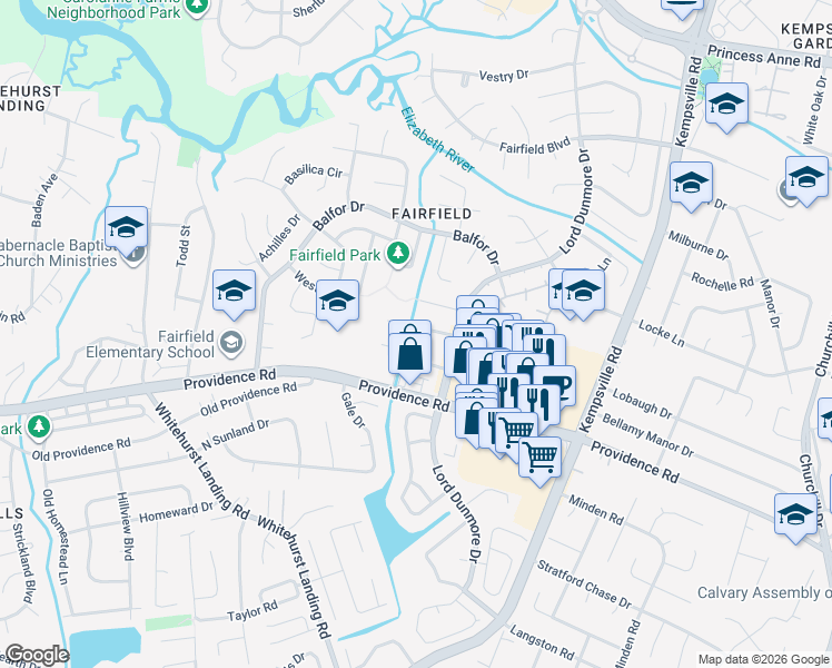 map of restaurants, bars, coffee shops, grocery stores, and more near 5220 Windsor Lane in Virginia Beach