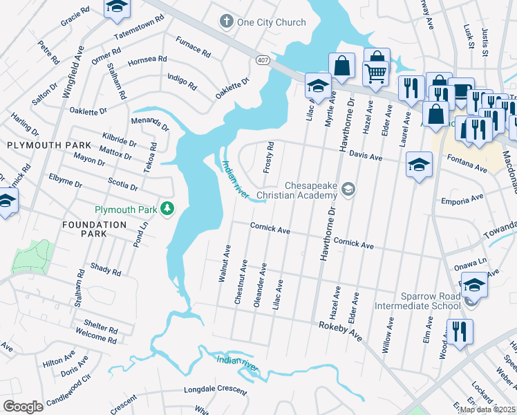 map of restaurants, bars, coffee shops, grocery stores, and more near 1304 Chestnut Avenue in Chesapeake