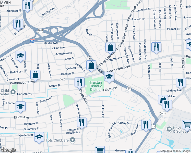 map of restaurants, bars, coffee shops, grocery stores, and more near 2225 Portsmouth Boulevard in Portsmouth