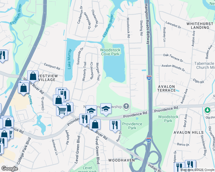 map of restaurants, bars, coffee shops, grocery stores, and more near 5940 Woodstock Court in Virginia Beach