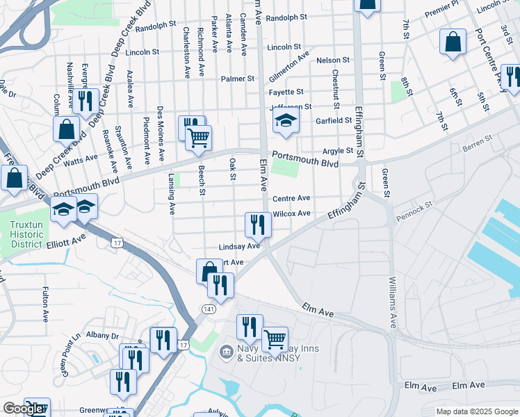 map of restaurants, bars, coffee shops, grocery stores, and more near 2908 Elm Avenue in Portsmouth