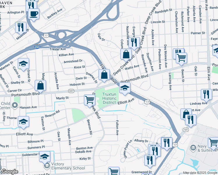 map of restaurants, bars, coffee shops, grocery stores, and more near 2225 Portsmouth Boulevard in Portsmouth