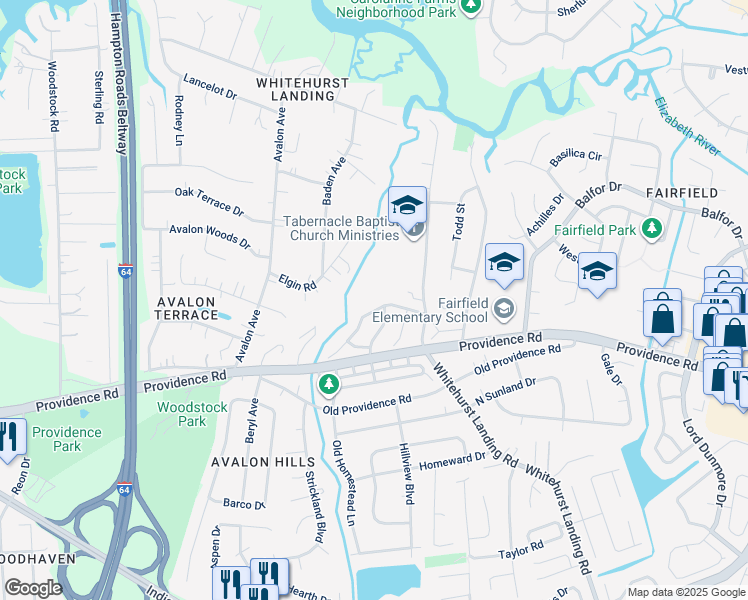 map of restaurants, bars, coffee shops, grocery stores, and more near 5602 Gates Landing Road in Virginia Beach