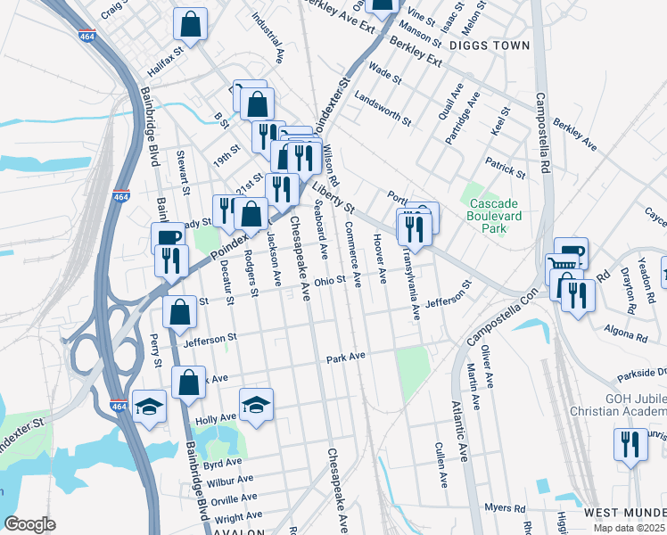 map of restaurants, bars, coffee shops, grocery stores, and more near 1201 Seaboard Avenue in Chesapeake