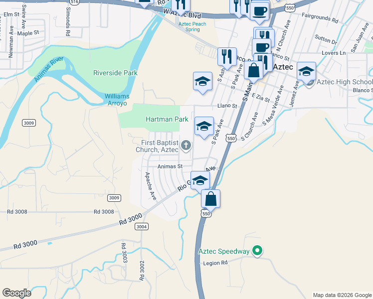 map of restaurants, bars, coffee shops, grocery stores, and more near 700 Navajo Avenue in Aztec