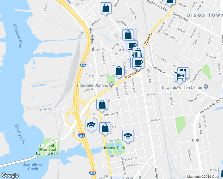 map of restaurants, bars, coffee shops, grocery stores, and more near 1000 Poindexter Street in Chesapeake