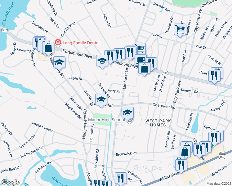 map of restaurants, bars, coffee shops, grocery stores, and more near 316 Sequoia Road in Portsmouth