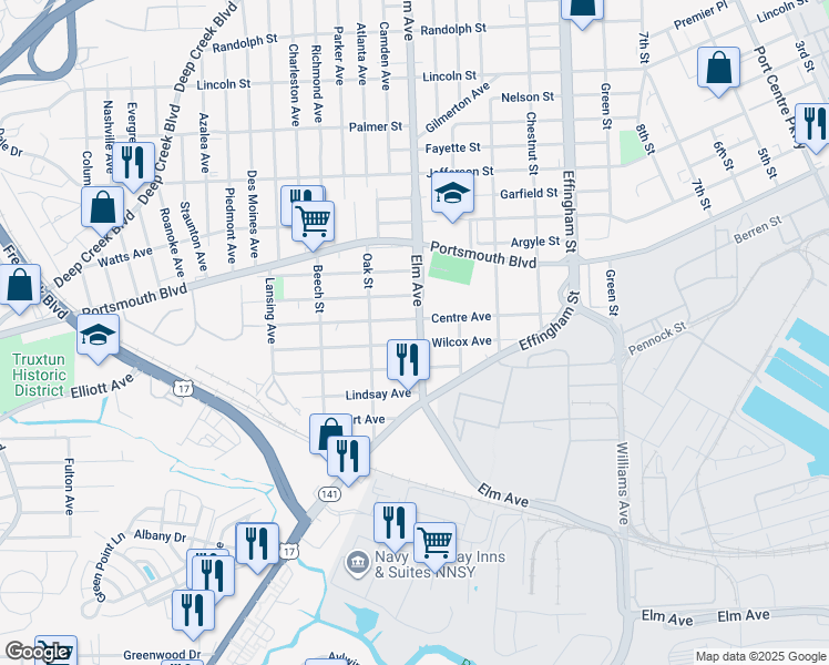 map of restaurants, bars, coffee shops, grocery stores, and more near 2908 Elm Avenue in Portsmouth